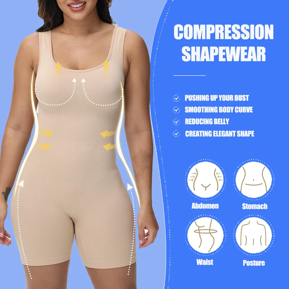 Women Full Body Shaper Wide Shoulder Seamless Bodysuit Shapewear Tummy Control Jumpsuit Sexy Thigh Slim Compression Underwear