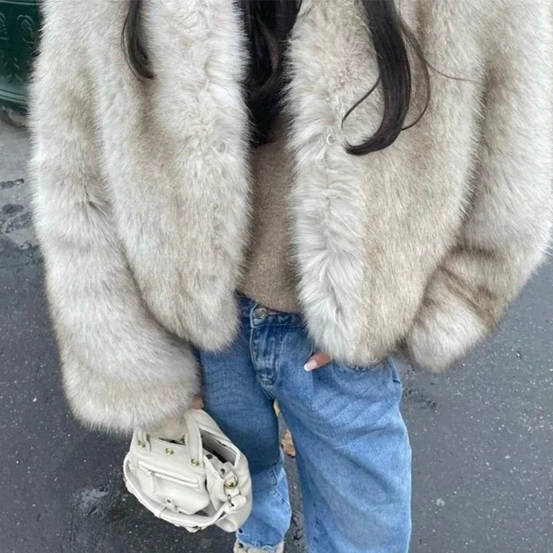 Clearance Fur Coat Women Warm Furry Long Sleeve Loose V-neek Female Outwear Autumn Winter Fashion Street All Match Lady Overcoat