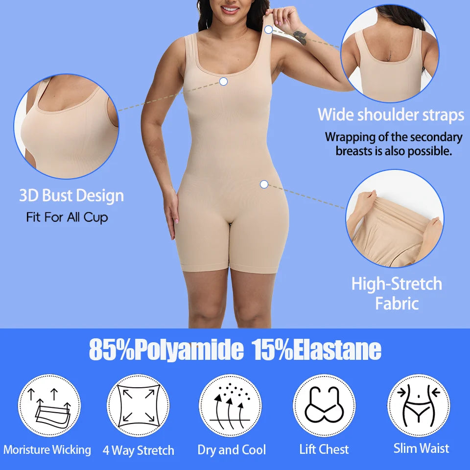 Women Full Body Shaper Wide Shoulder Seamless Bodysuit Shapewear Tummy Control Jumpsuit Sexy Thigh Slim Compression Underwear