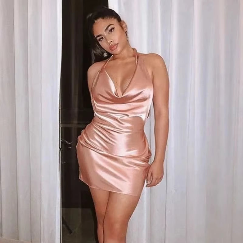 Sexy Sling Halter Deep Sleeveless Strapless Harajuku Topwomen European and American Collar Solid Color Slim Dress Hotel Party