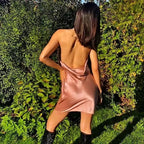 Sexy Sling Halter Deep Sleeveless Strapless Harajuku Topwomen European and American Collar Solid Color Slim Dress Hotel Party